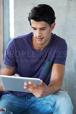 Buy stock photo Handsome man, stairs or browsing with tablet for social media, communication or news in casual clothing. Young, male person or user scrolling with technology for online content or research on steps