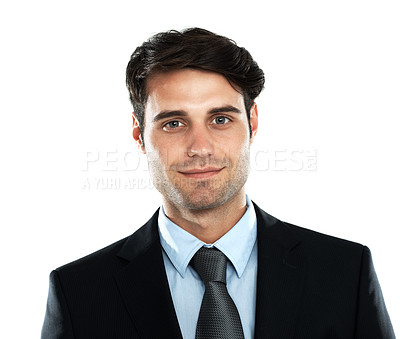 Buy stock photo Face, businessman and leader in studio with future vision while standing on white background. Portrait, handsome and young entrepreneur motivated by startup goal, idea and mindset while isolated