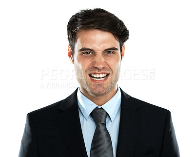 Buy stock photo Portrait of angry man gritting teeth in business suit, frustrated and isolated on white background. Stock market crash, economy and ceo businessman annoyed with economy and financial status in studio