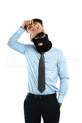 Buy stock photo Corruption, thief and mask portrait of businessman hiding identity for fraud and criminal behaviour. Corporate worker with balaclava for theft, scam or burglary on isolated white background.

