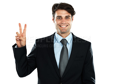 Buy stock photo Portrait, businessman and peace, hand and sign in studio, mindset and standing on white background. Peace sign, emoji and young entrepreneur confident about startup, idea and career goal and isolated