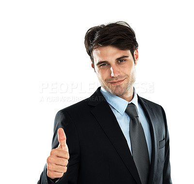 Buy stock photo Business man, portrait and thumbs up to show success, support and yes hand sign. White background, isolated and happy employee with winner, thank you and motivation hands gesture ready for working