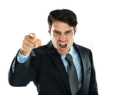 Buy stock photo Shouting man, pointing and angry portrait of a business employee screaming with white background. Frustrated, anger and shouting with hand gesture about work, stress and career fail in studio