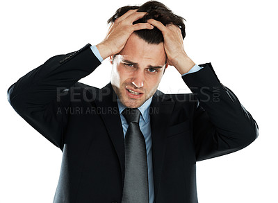 Buy stock photo Face, stress and burnout business man in studio isolated on a white background. Anxiety, depression and portrait of angry male employee pulling his hair out after bad news, deal or financial crisis