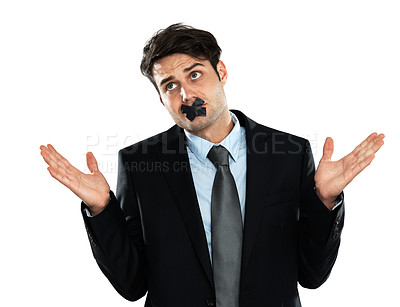Buy stock photo Business man, censored mouth and shrug in a suit for employee professional work. White background, corporate worker and silence of cross on lips of a businessman with a secret isolated and standing