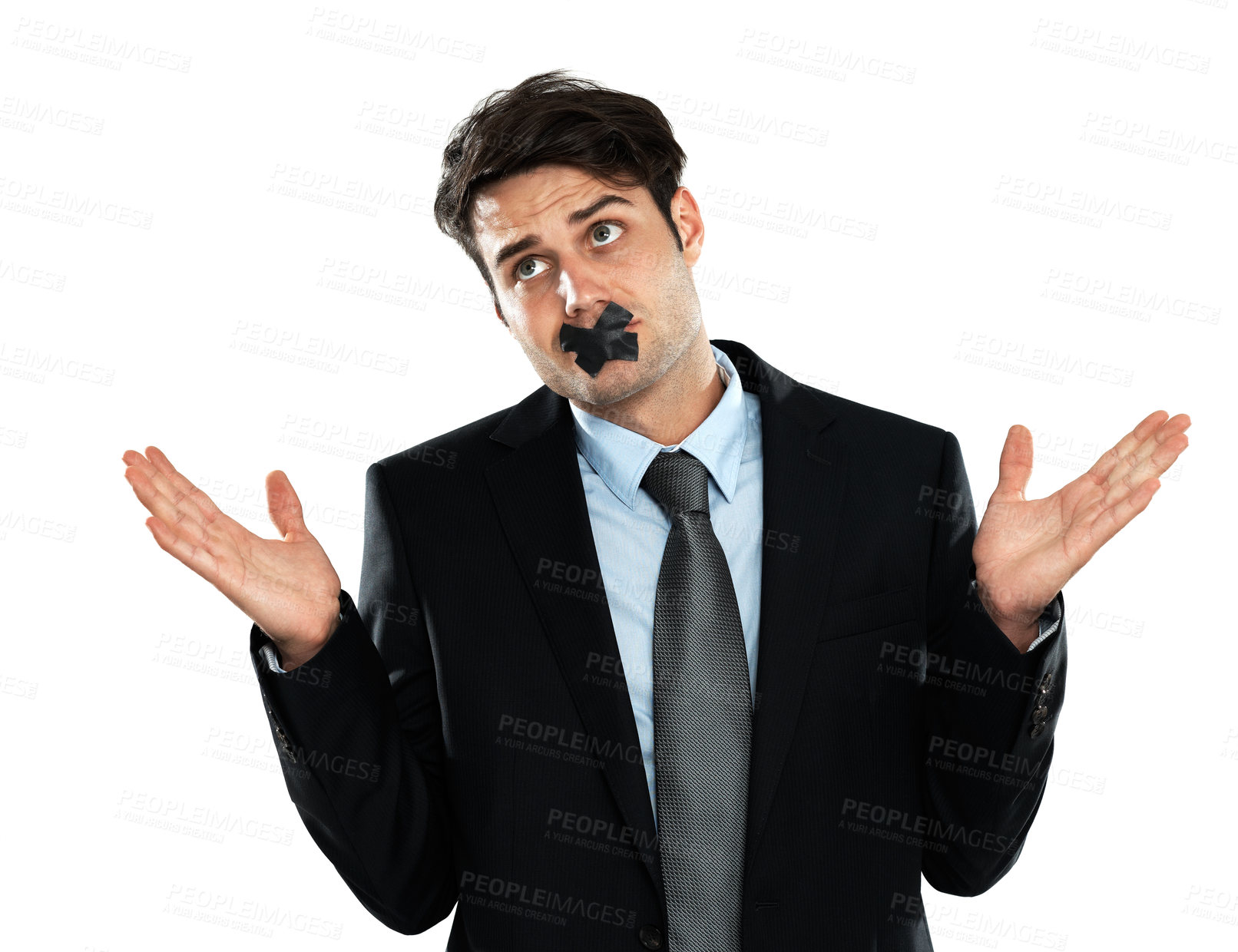 Buy stock photo Business man, censored mouth and shrug in a suit for employee professional work. White background, corporate worker and silence of cross on lips of a businessman with a secret isolated and standing