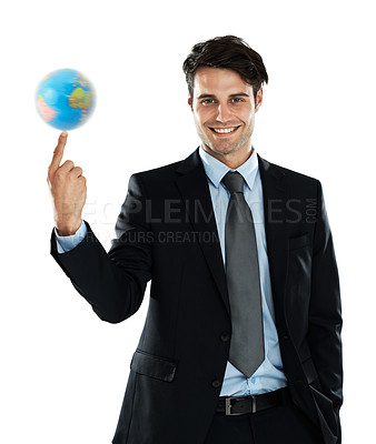 Buy stock photo World globe spin, business man and portrait of global employee with earth, planet and travel sphere. Employee, international success and corporate suit of worker happy with isolated white background 