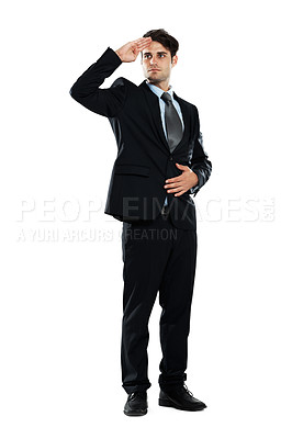 Buy stock photo Salute, leadership and business man on a white background for management, vision and agreement. Corporate worker, success and isolated male model with hand gesture, military signal and sign in studio