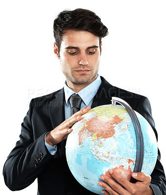 Buy stock photo Globe, map and earth with a business man in studio isolated on a white background for global or international travel. World, planet and atlas with a male employee on blank space for branding