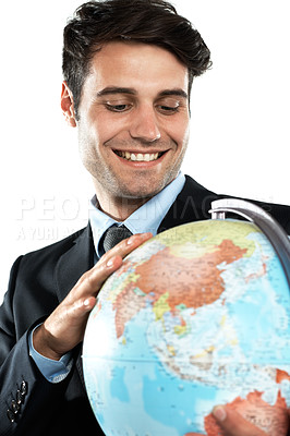 Buy stock photo World, globe and business man with earth and planet sphere feeling happy about global travel. International, employee and happiness of a worker with isolated white background in a suit with a smile