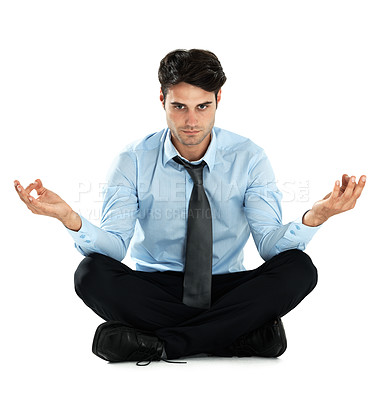 Buy stock photo Yoga meditation portrait, relax and businessman meditate for stress relief, spiritual mental health or chakra energy healing. Lotus, zen mindset peace or worker mindfulness on white background studio