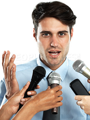 Buy stock photo Reporter microphone, portrait and interview for businessman, government worker or speaker. Speech, communication and hands of news journalist asking question to politician on white background studio