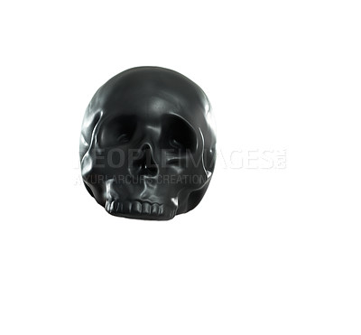 Buy stock photo Human skull toy, studio and white background for halloween celebration, horror festival or party. 3D skeleton head, anatomy model and scary with dark symbol, sign or icon of death, danger and fear