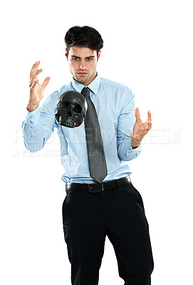 Buy stock photo Business man, levitation and black skull in studio isolated on a white background. Magician, spirit and male employee levitating head or scalp in air for evil, death or occult, voodoo or magic trick.
