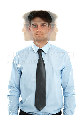 Buy stock photo Stress, portrait and man in studio for mental health problem, bipolar and fear on white background. Anxiety, face and businessman suffering burnout, pressure and distress, mind and crisis or isolated