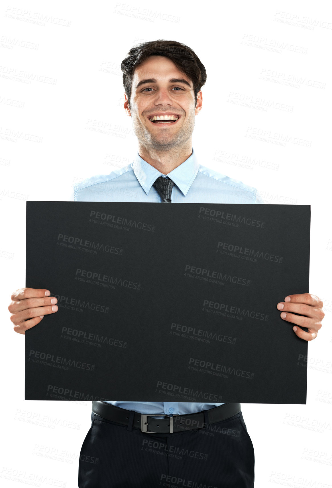 Buy stock photo Placard mockup, portrait and happy businessman with marketing poster, advertising banner or product placement space. Billboard paper mock up, promotion sign and sales model on white background studio