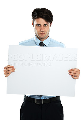 Buy stock photo Placard mockup, portrait and business man with marketing poster, advertising banner or product placement space. Billboard promotion sign, studio mock up and sales model isolated on white background