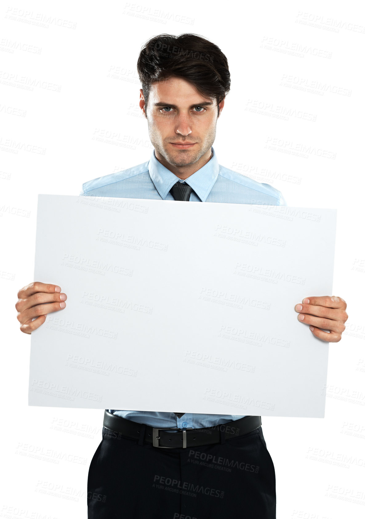 Buy stock photo Placard mockup, portrait and business man with marketing poster, advertising banner or product placement space. Billboard promotion sign, studio mock up and sales model isolated on white background
