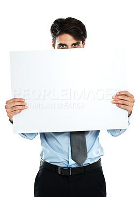 Buy stock photo Placard mock up, portrait and business man with marketing poster, advertising banner or product placement space. Billboard promo sign, studio mockup or hiding sales model isolated on white background