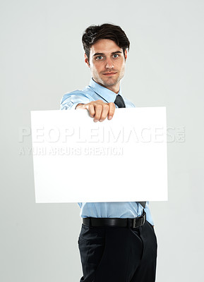 Buy stock photo Placard mockup, presentation and portrait businessman with marketing promo poster, advertising banner or product placement. Mock up, billboard sign and studio sales model isolated on white background