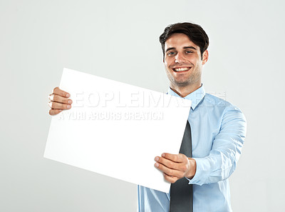 Buy stock photo Poster mockup, presentation and portrait businessman with marketing placard, advertising banner or product placement. Studio mock up, billboard sign and happy sales model isolated on white background