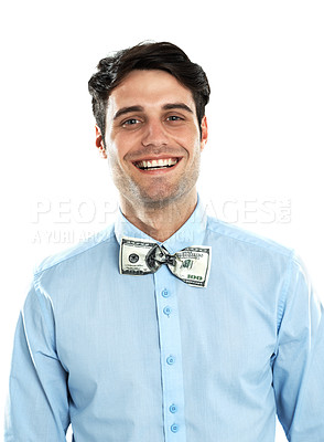 Buy stock photo Portrait, money and finance with a business man in studio isolated on a white background wearing a dollar bill bowtie. Accounting, investment and cash with a male employee standing on blank space
