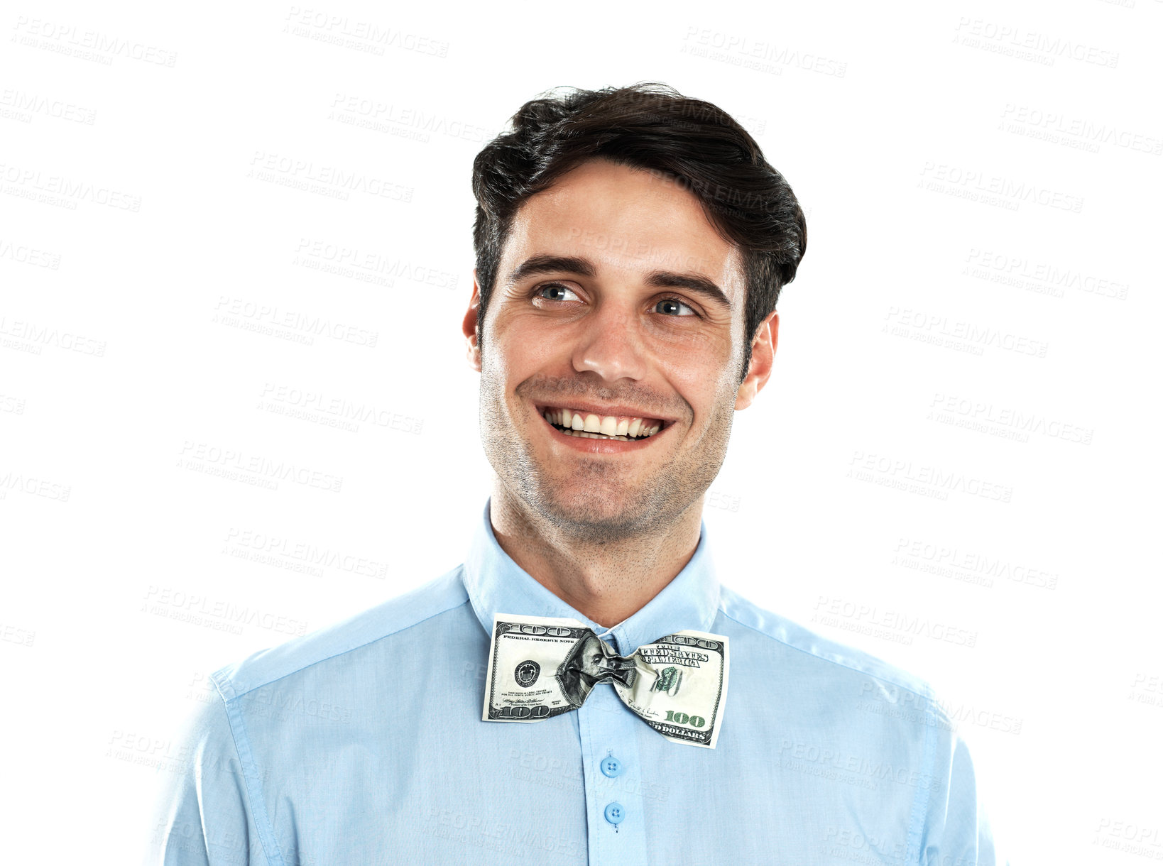 Buy stock photo Portrait, business and man with dollar bow tie, cash and finance for accountant and economy. Money, male person and investor with accounting, financial and trader isolated on white studio background