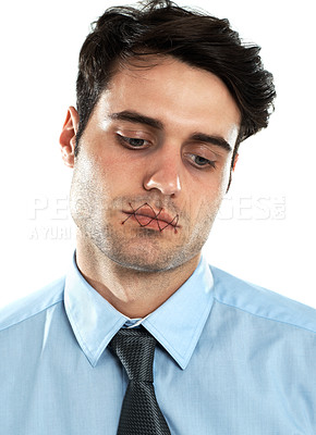 Buy stock photo Portrait of man with mouth sewn shut, mental health and silence isolated on white background. Victim censorship, depression and abuse, businessman and mens health narrative stitched lips in studio.