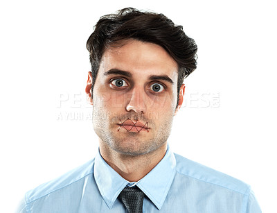 Buy stock photo Man, silence and portrait of censored victim with stitched mouth isolated on white background. Censorship, depression and abuse, businessman with lips sewn to shut up, stress and anxiety in studio.
