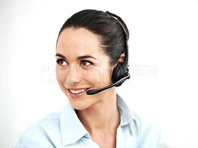 Buy stock photo Attractive female customer service agent using a headset for client services