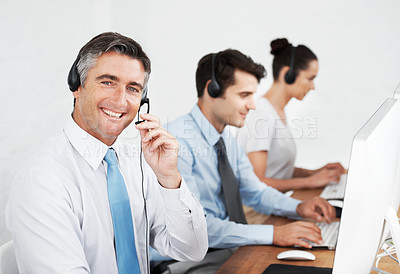 Buy stock photo Business people, computer and help desk with headphones, call center and telemarketing with customer service. Employees, consulting agency or happy coworkers with headset, contact us and tech support