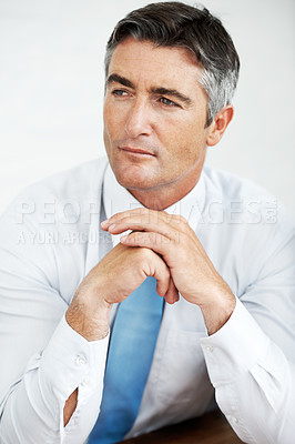 Buy stock photo Mature man, business and thinking in studio for politics, expert and idea for career development. Government official, planning and ambition on white background for opportunity with future campaign