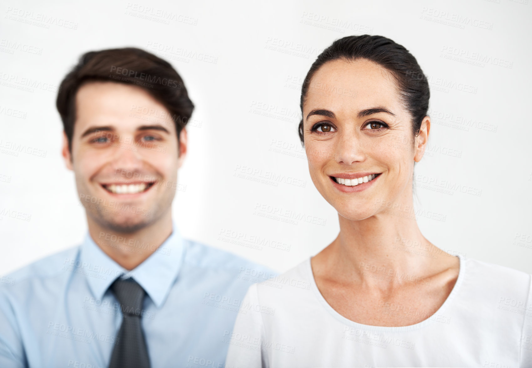 Buy stock photo Happy woman, portrait or partner in studio for business, ambition or management in company. People, coworkers or smile on white background for job opportunity, professional attitude or career growth