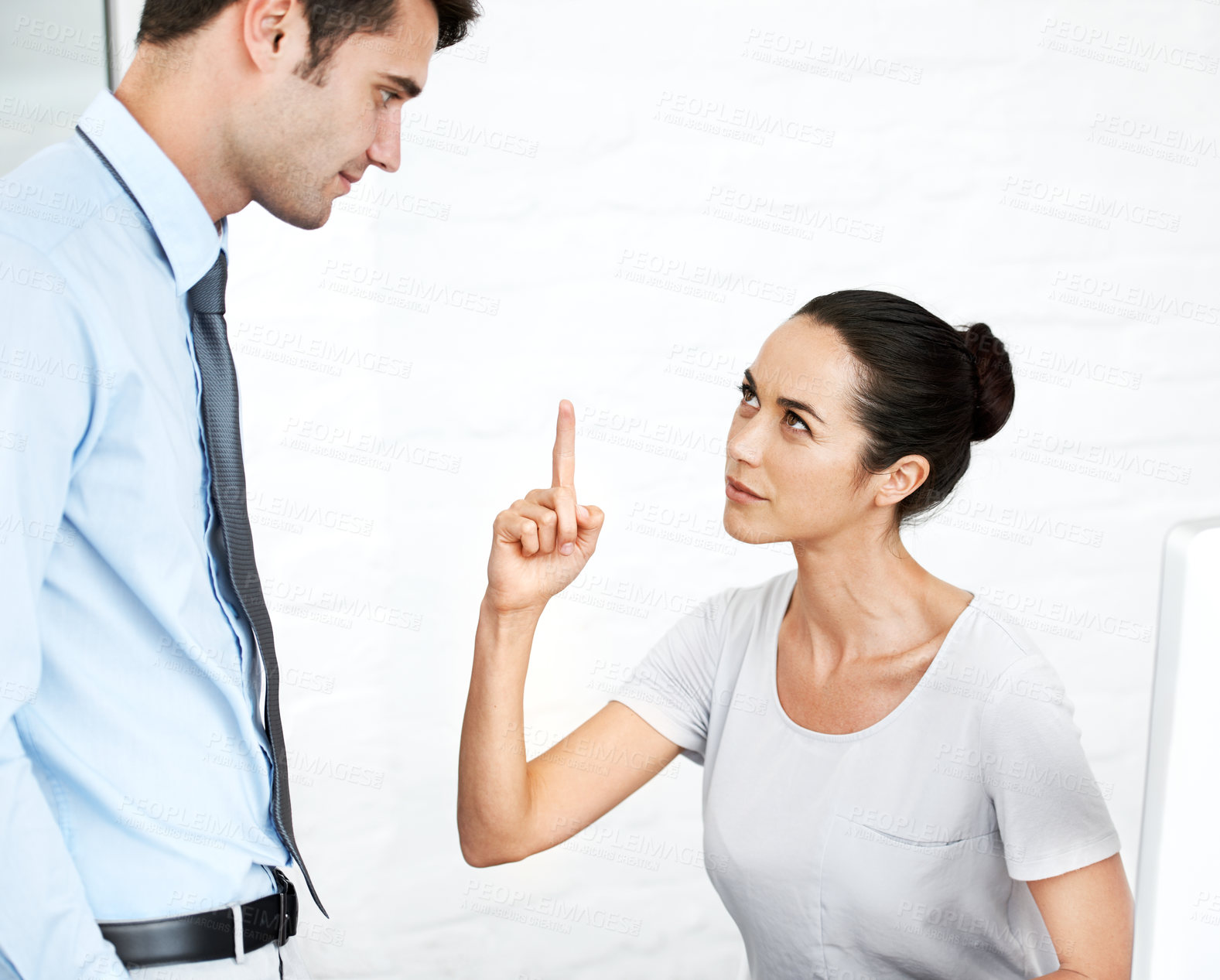 Buy stock photo Woman, man and point with argument in office with conflict, dispute and warning at insurance agency. People, frustrated and fight with disagreement, upset and discussion for discipline in workplace