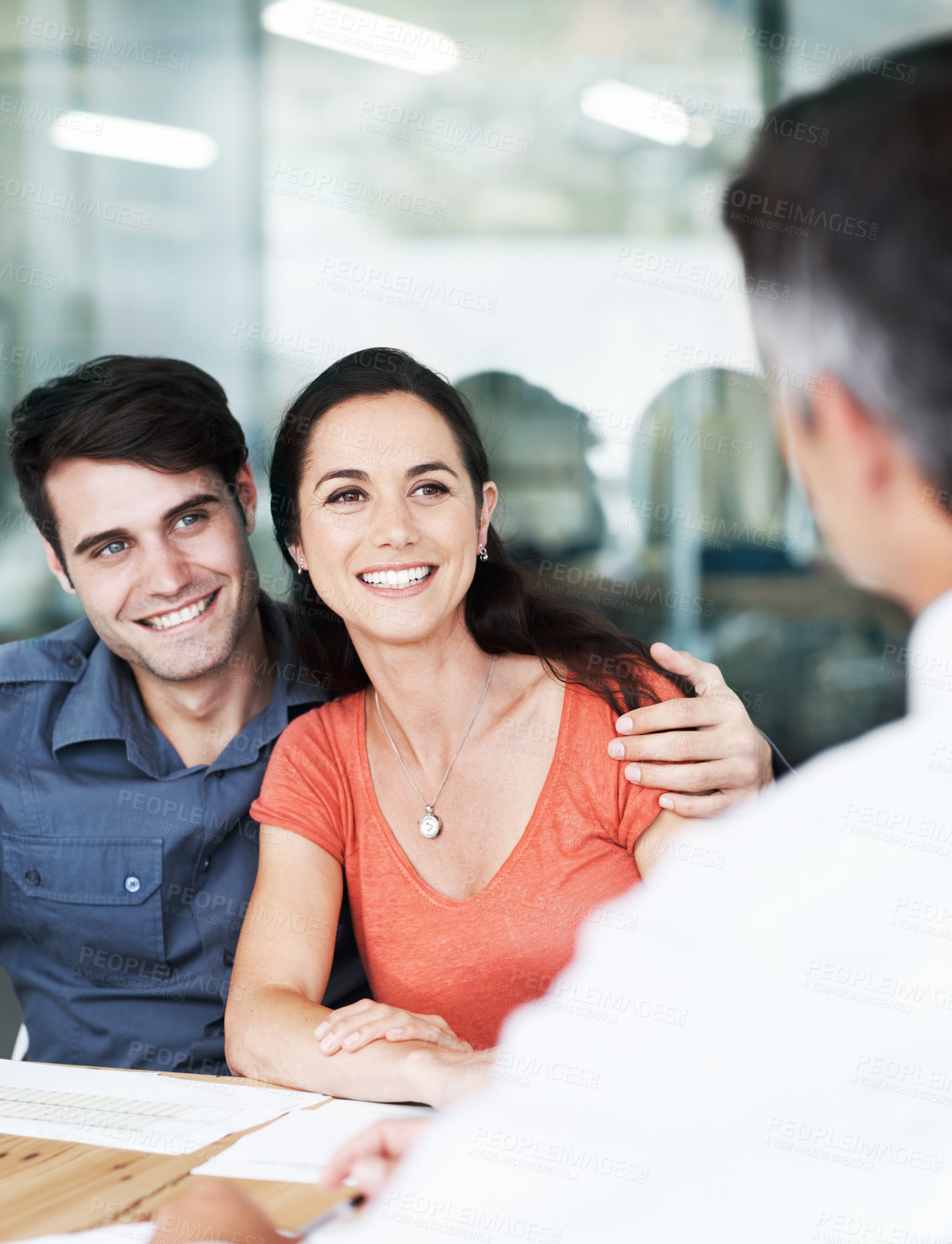 Buy stock photo Happy, couple and documents in consultation with financial advisor for loan, application or contract. Smile, men and woman with paperwork in discussion for finance planning, investment or debt review