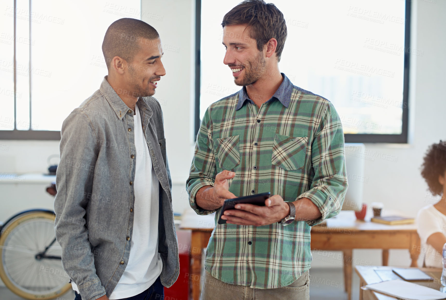 Buy stock photo Team, tablet and business men research, planning and diversity in startup office. Creative, technology or happy manager in meeting for coworking on project with copywriter for article, blog or advice