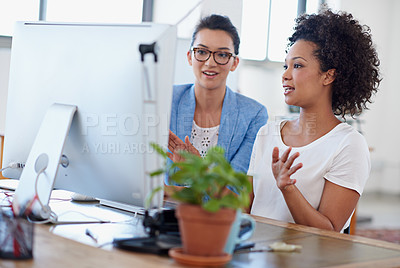 Buy stock photo Women, coworker and computer in office for brainstorming, project or colleague as web designer. Female people, technology and meeting for communication, teamwork or collaboration in digital agency