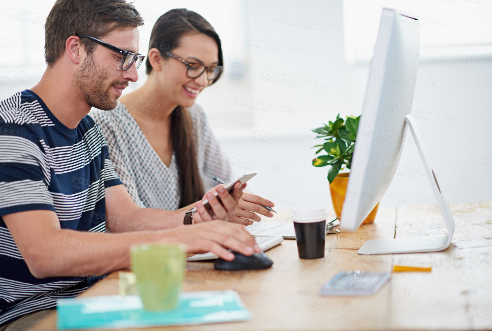 Buy stock photo Man, woman and team with phone in office for creative, notification for company update on social media. Business people, collaboration and technology or online network with mobile for web design