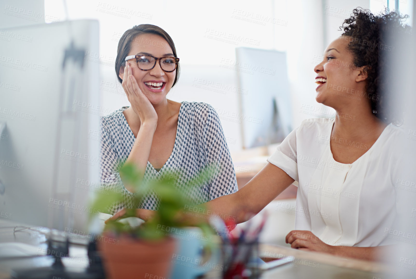 Buy stock photo Women, laughing and discussion on computer in office for creative planning, teamwork and feedback of project. People, pc and review email, information and web design report for startup development