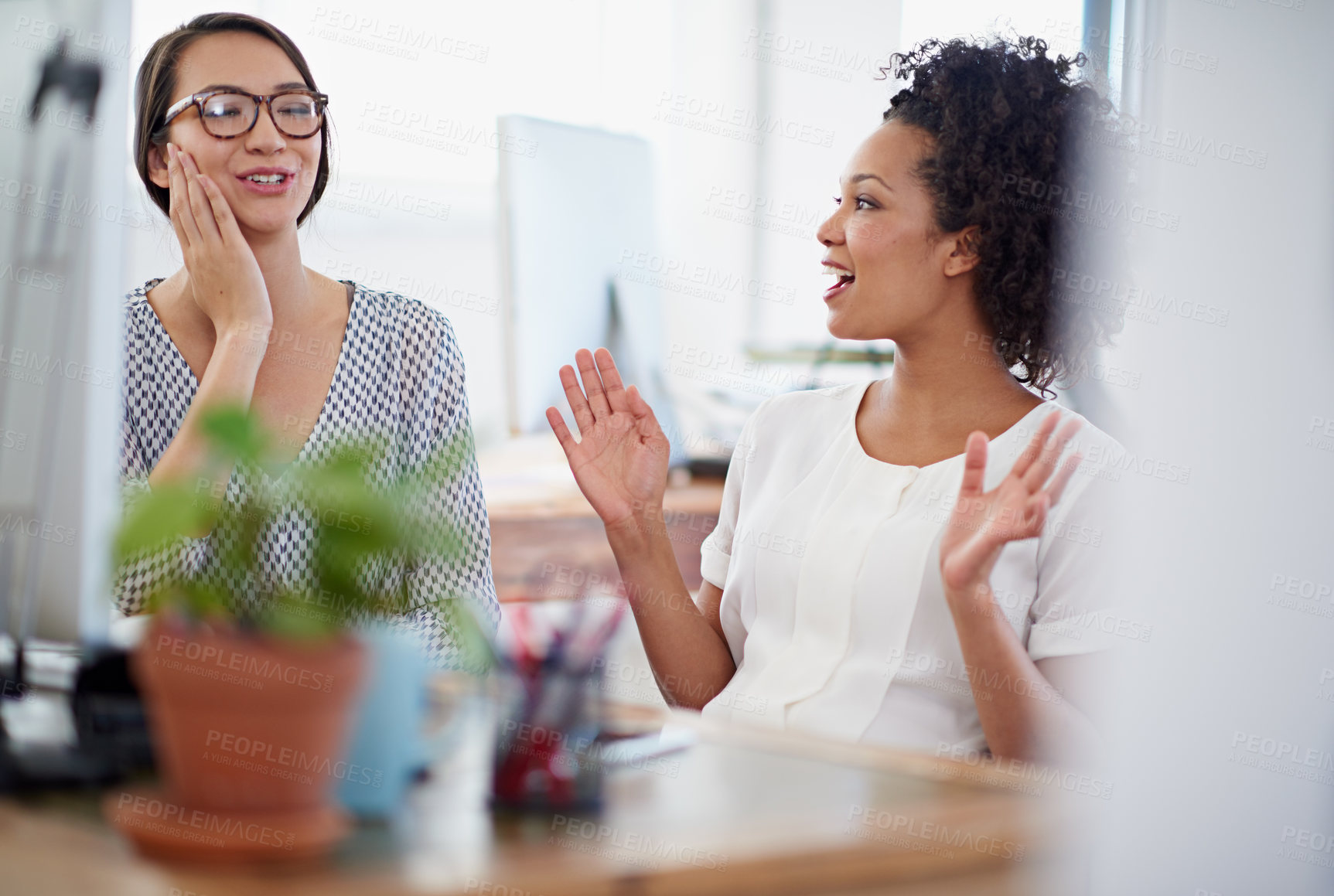 Buy stock photo Women, happy and discussion on computer in office for creative planning, teamwork and feedback of project. People, pc and review email, information and web design report for startup development
