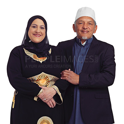 Buy stock photo Love, islam and portrait of elderly happy couple together in studio with smile isolated on white background. Religion, marriage and culture for muslim couple, senior man and happy woman from Morocco.
