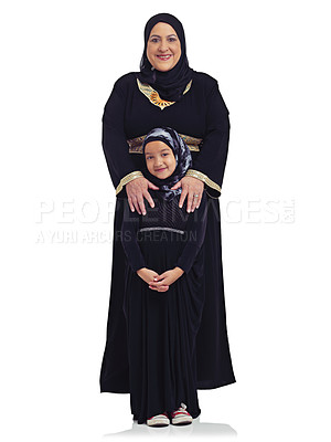 Buy stock photo Islam, body portrait and mom and girl child happy in hijab together and isolated on white background. Love, family and support, Muslim woman with daughter smile and Islamic culture in studio in Egypt