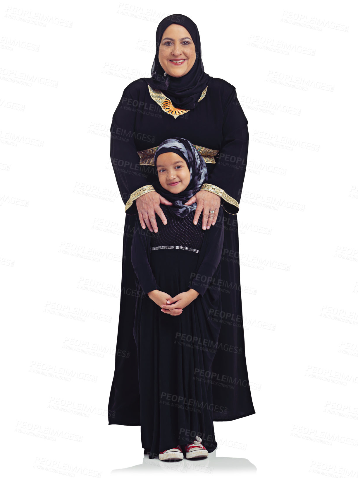 Buy stock photo Islam, body portrait and mom and girl child happy in hijab together and isolated on white background. Love, family and support, Muslim woman with daughter smile and Islamic culture in studio in Egypt