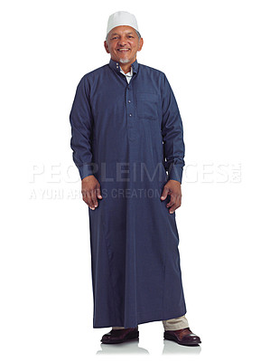 Buy stock photo Muslim, happy man and studio portrait of islamic culture isolated on white background of religion, arabic clothes or faith. Senior moslem guy, trust in god and spiritual worship of ramadan or fasting
