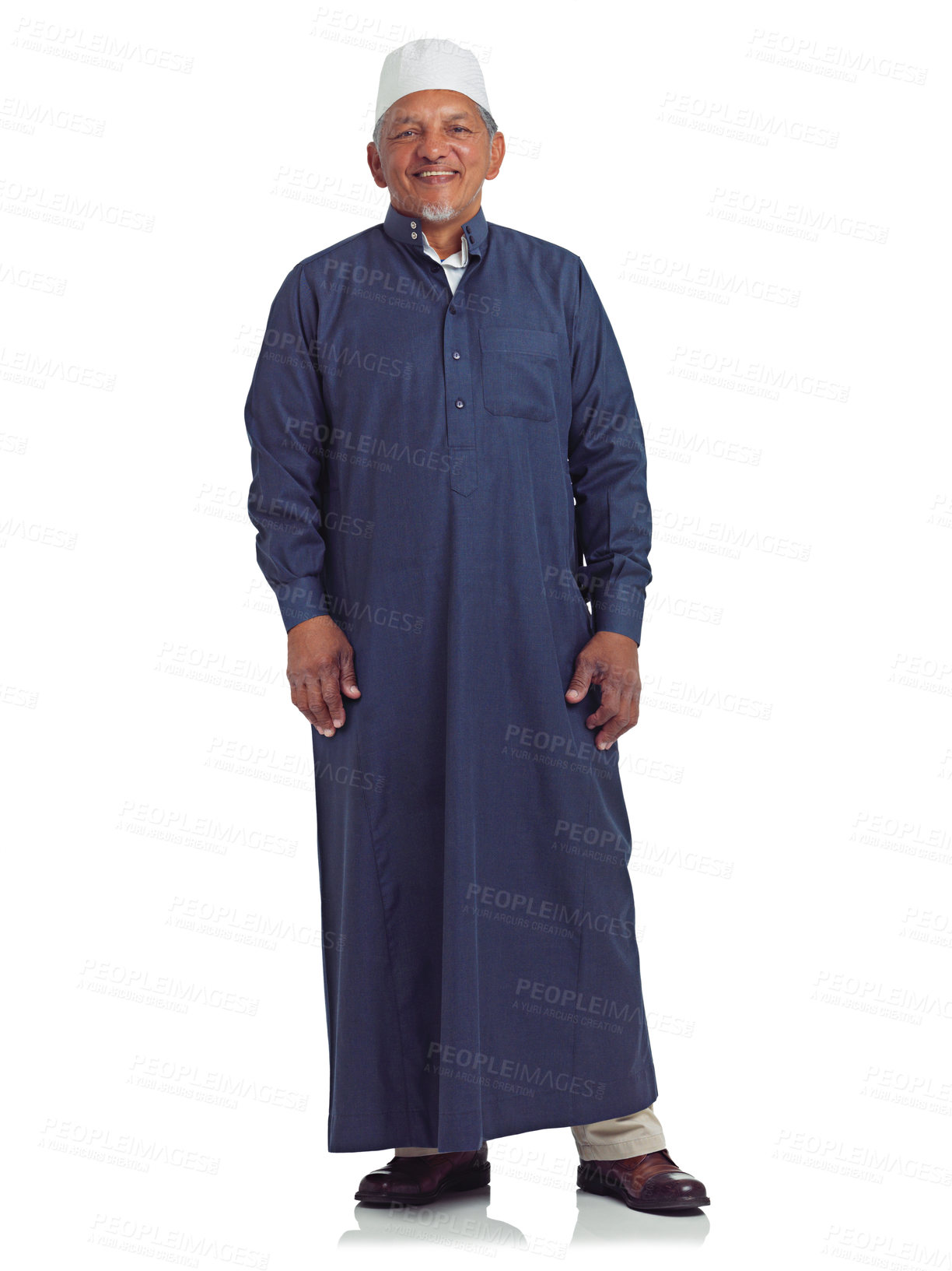 Buy stock photo Muslim, happy man and studio portrait of islamic culture isolated on white background of religion, arabic clothes or faith. Senior moslem guy, trust in god and spiritual worship of ramadan or fasting