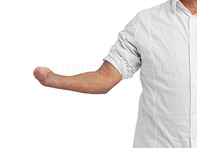 Buy stock photo Disability, amputee and arm of a man with a disability showing forearm stump with mockup. Isolated, disability model and white background of a disabled person with a unique body and mock up space