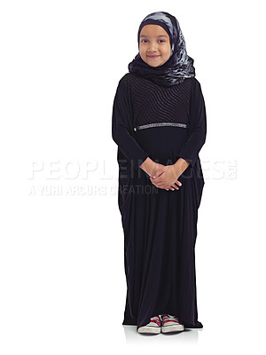 Buy stock photo Portrait, children and mockup with a muslim girl in studio isolated on a white background for beleif or religion. Kids, islamic and mock up with a female child in a hijab standing on blank space