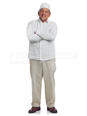 Buy stock photo Muslim senior man, happy portrait and standing in white background for Islamic fashion, religious culture and empowerment. Arab, elderly person and smile for religion lifestyle isolated in studio