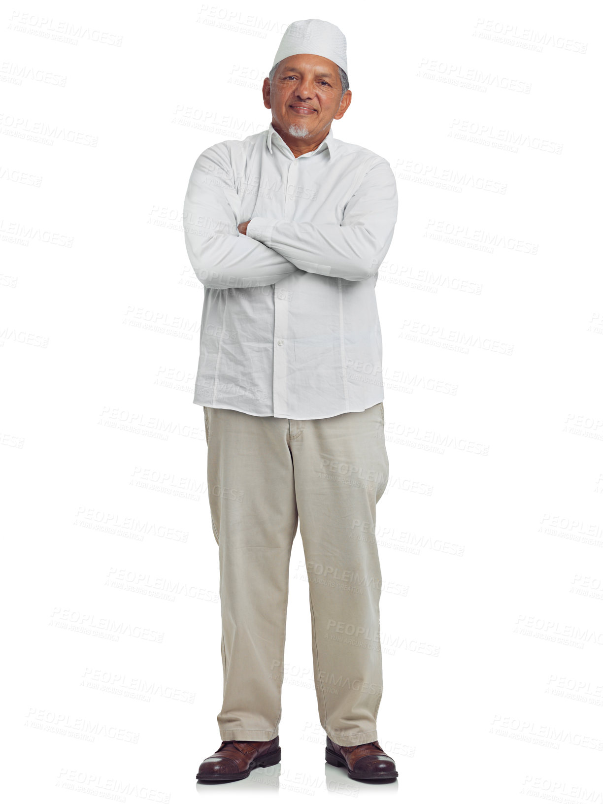 Buy stock photo Muslim senior man, happy portrait and standing in white background for Islamic fashion, religious culture and empowerment. Arab, elderly person and smile for religion lifestyle isolated in studio