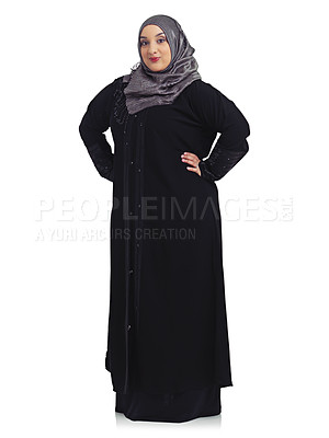 Buy stock photo Beauty, culture and portrait of Muslim woman on a white background with confidence, elegance and happiness. Fashion, religion and female isolated in studio with Islam, cultural and Arabian clothes